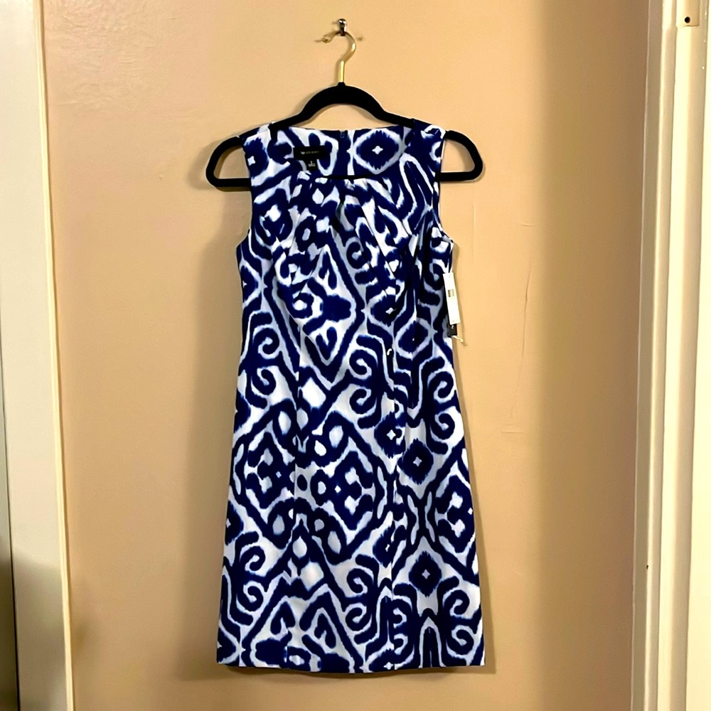 NWT AB Studio Blue White Abstract Geometric Mosaic Print Sleeveless Dress 2